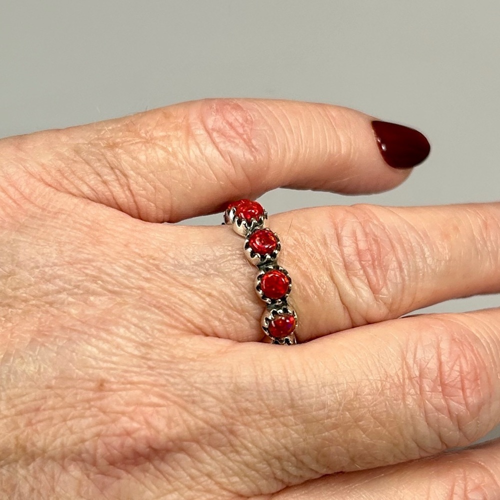925 Sterling Silver Fire Red Opal Eternity Ring